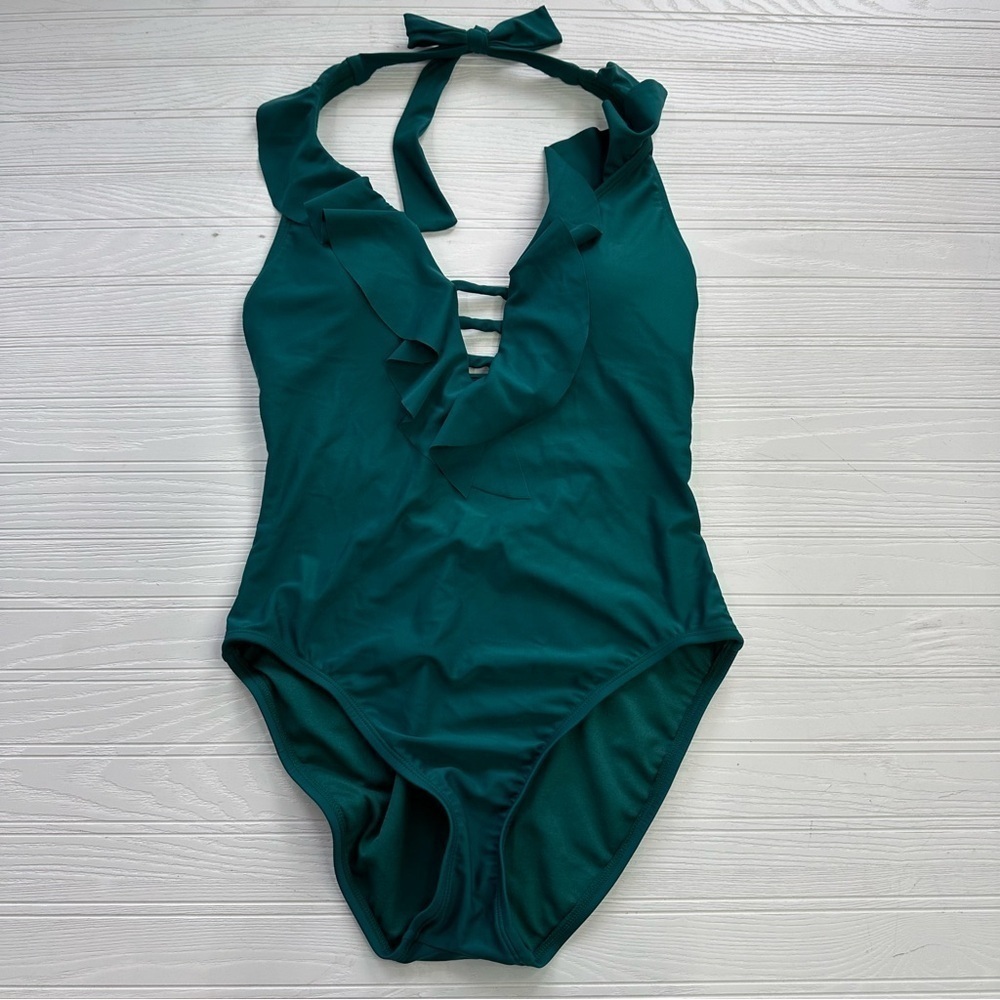 Rod Beattie emerald ruffle one piece swimsuit size 8‎